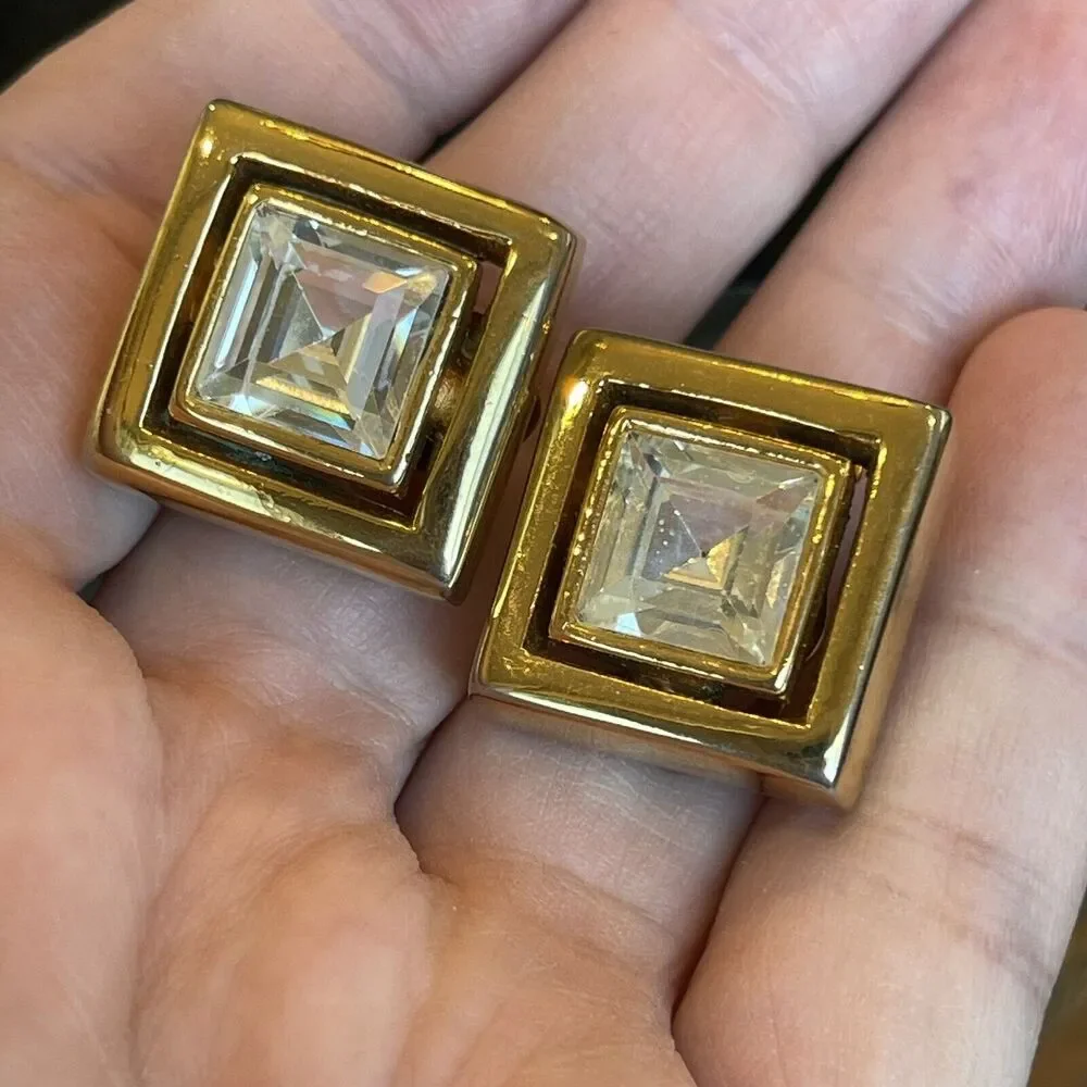 PIERRE CARDIN Square CZ Crystal Earrings Gold Tone ClipOn Heavy Chunky Statement
